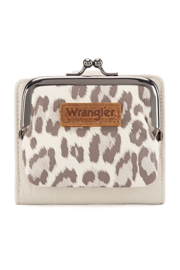 Wrangler Women's RFID-Blocking Leopard Print Wallet - Compact Bifold Credit Card Holder with Kiss Clasp, Beige