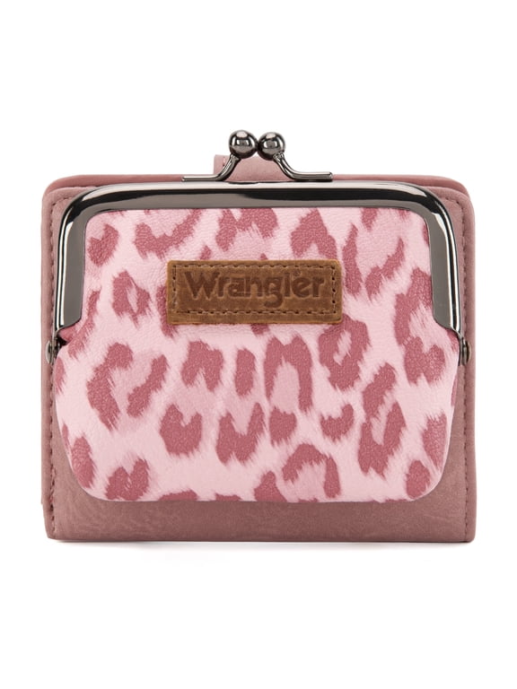 Wrangler Women's RFID-Blocking Leopard Print Wallet - Compact Bifold Credit Card Holder with Kiss Clasp, Dark Pink