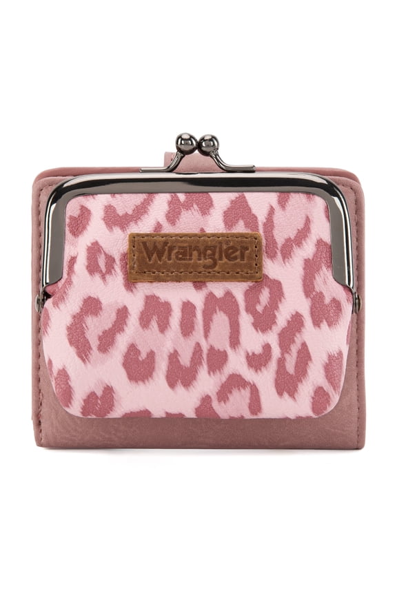 Wrangler Women's RFID-Blocking Leopard Print Wallet - Compact Bifold Credit Card Holder with Kiss Clasp, Dark Pink