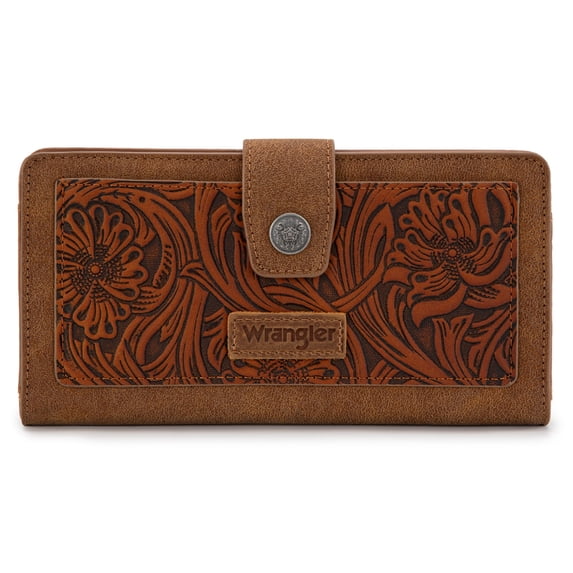 Wrangler Women's RFID Bifold Wallet - Large Western Tooling Flower Design, Card Case & Cash Organizer, Stylish Travel Clutch for Ladies, Brown