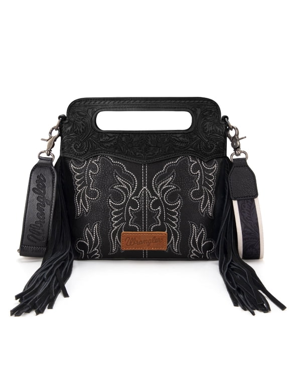 Wrangler Top Handle Bag for Women Embroidered Fringe Western Crossbody Purse, Black
