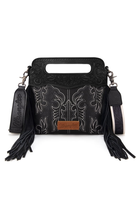 Wrangler Top Handle Bag for Women Embroidered Fringe Western Crossbody Purse, Black