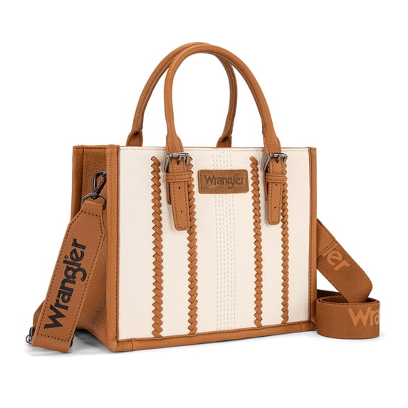 Wrangler Boho Tote Bag for Women Western Purse Retro Top Handle Satchel Handbag with Signature Strap, Beige-Brown