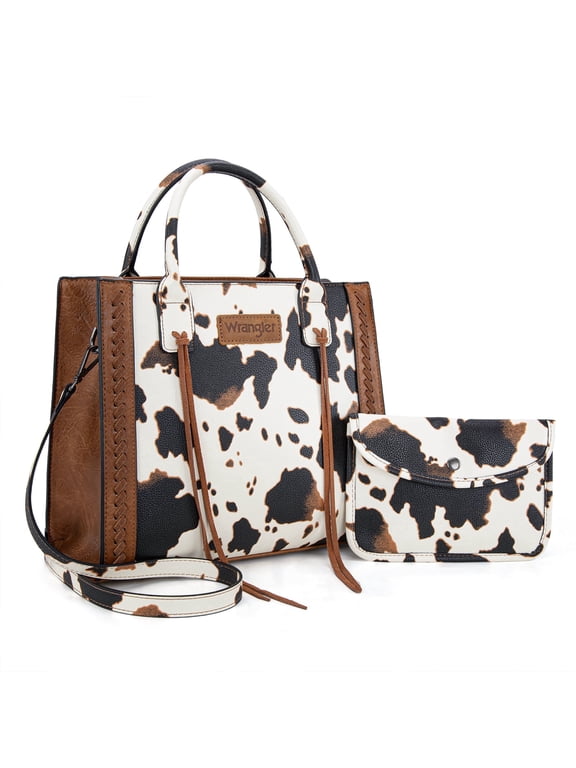 Wrangler Tote Bag for Women Western Cowhide Purse and Wallet Set, Cow-Brown