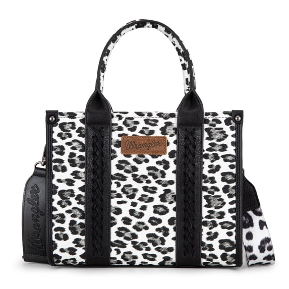 Wrangler Leopard Print Tote Bag for Women Western Purse Boho Top Handle Satchel Handbag with Signature Strap, Leopard-Black