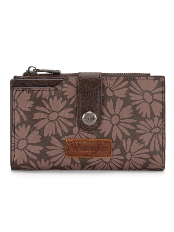 Wrangler Wallet for Women Bifold Card Holder with Zipper and ID Window, Coffee