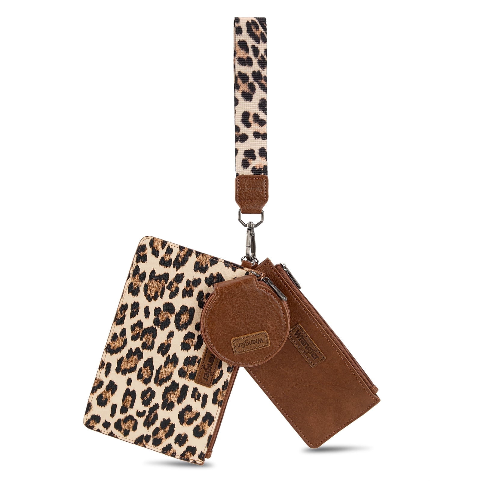 Wrangler Women's Keychain Wristlet Wallet Dual Pouch Design with Zipper Coin Purse, Spacious & Easy to Carry, Leopard