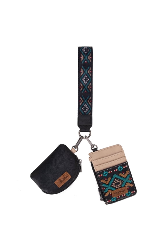 Wrangler Aztec Keychain Wristlet Wallets for Women Western Dual Pouch Wristlet Credit Card Holder Wallet with Zipper Pocket, Aztec-Black