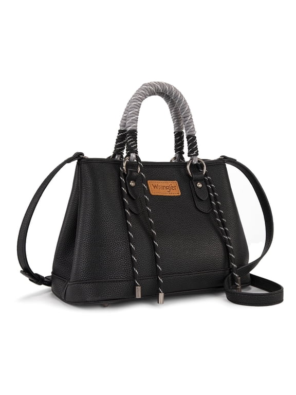 Wrangler Tote Bags for Women Medium Satchel Purse with Designer Braided Rope Top Handle, Black