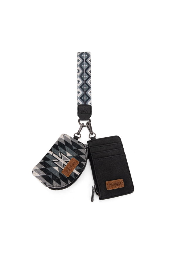 Wrangler Aztec Keychain Wristlet Wallets for Women Western Dual Pouch Wristlet Credit Card Holder Wallet with Zipper Pocket, Angel-Black