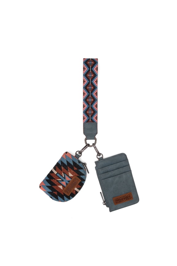 Wrangler Aztec Keychain Wristlet Wallets for Women Western Dual Pouch Wristlet Credit Card Holder Wallet with Zipper Pocket, Angel-Navy