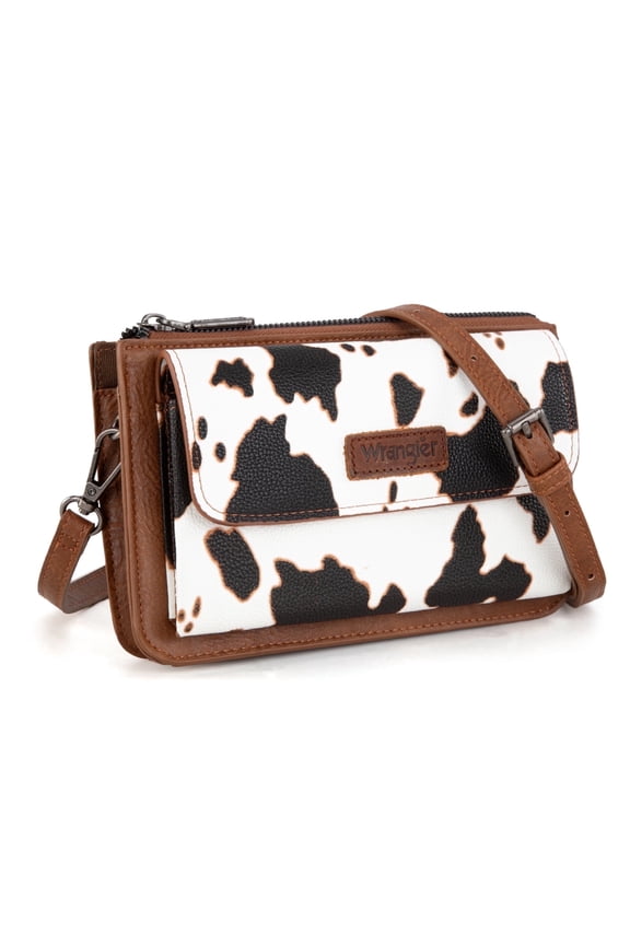 Wrangler RFID Crossbody Wallet Purse Vegan Leather Small Purses for Women with Phone Pocket and Adjustable Strap, Cow Print-Brown