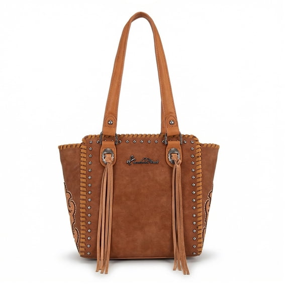Montana West Western Tote Bag for Women Studded PU Leather Handbag with Fringe Tassel Fashion Medium Size Shoulder Purse Cowgirl Style Tote, Brown