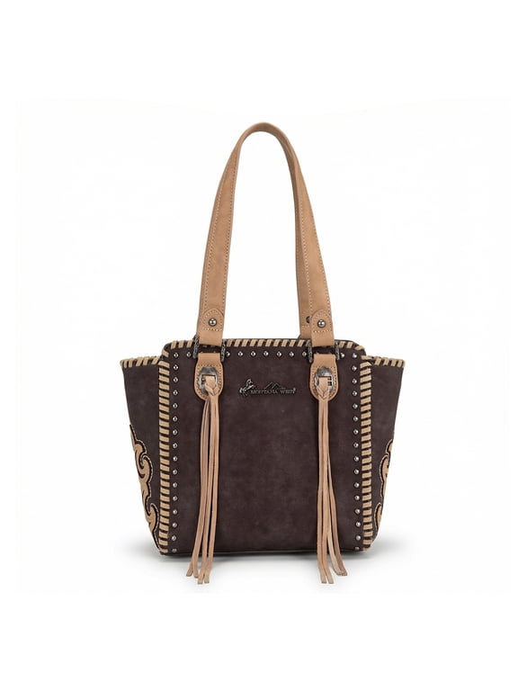 Western Tote Bag for Women Studded PU Leather Handbag with Fringe Tassel Fashion Medium Size Shoulder Purse Cowgirl Style Tote, Coffee