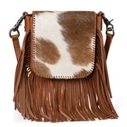 Montana West Small Genuine Leather Crossbody Purse for Women Western Fringe Tassel Bag with Hair on Cowhide, Brown D