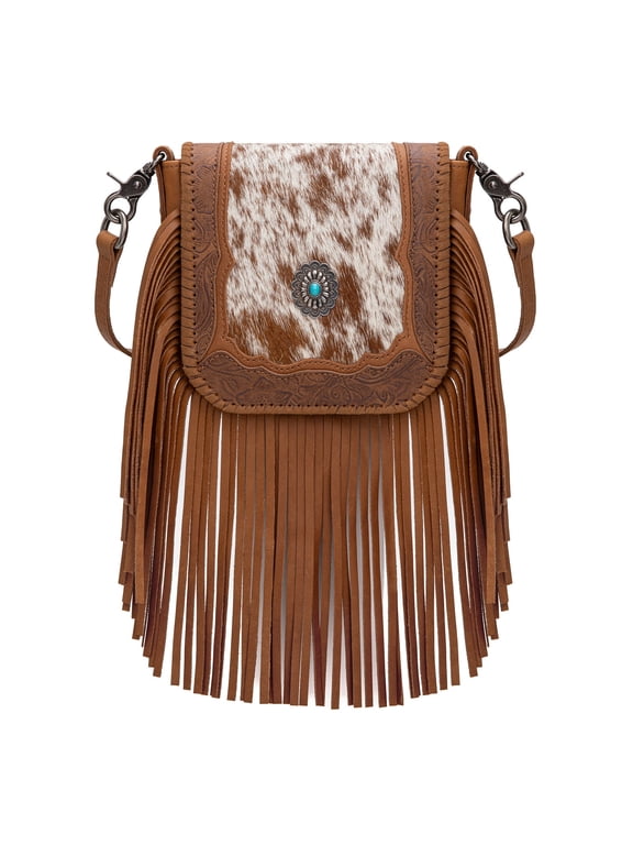 Small Genuine Leather Crossbody Purse for Women Western Fringe Tassel Bag with Floral Tooled Flap, Brown-C