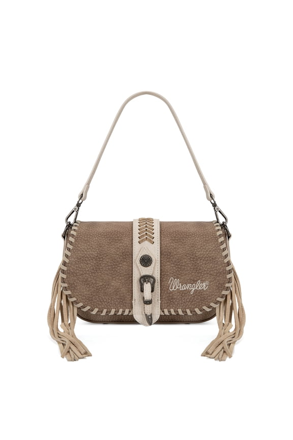 Wrangler Western Shoulder Bag for Women Vintage Cowgirl Crossbody Purse with Fringe, Dark Brown