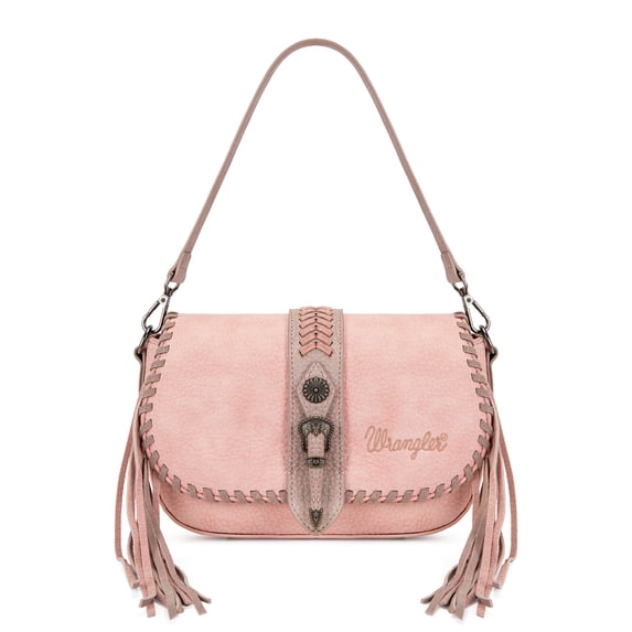 Wrangler Western Shoulder Bag for Women Vintage Cowgirl Crossbody Purse with Fringe, Pink