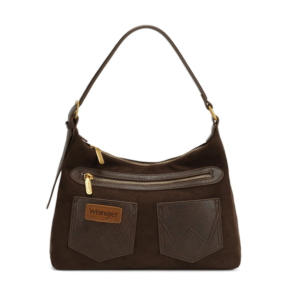 Wrangler Women's Hobo Shoulder Bag, Adjustable Strap Purse with Iconic W‑Stitching Pockets, Coffee