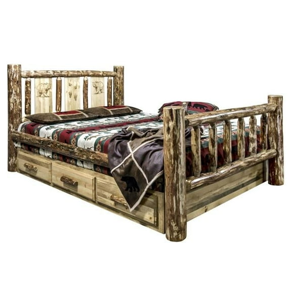 Montana Woodworks MWGCSBKLZBEAR Glacier Country Storage Bed with Laser Engraved Bear Design - King Size