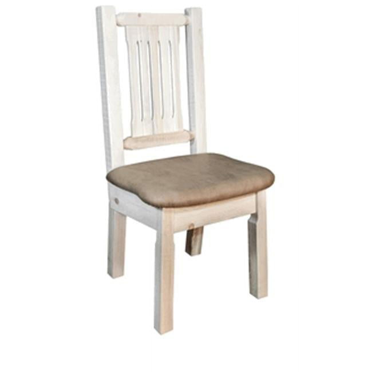 Rustic Buckskin Pattern Upholstered Wood Side Chair with Clear Lacquer Finish