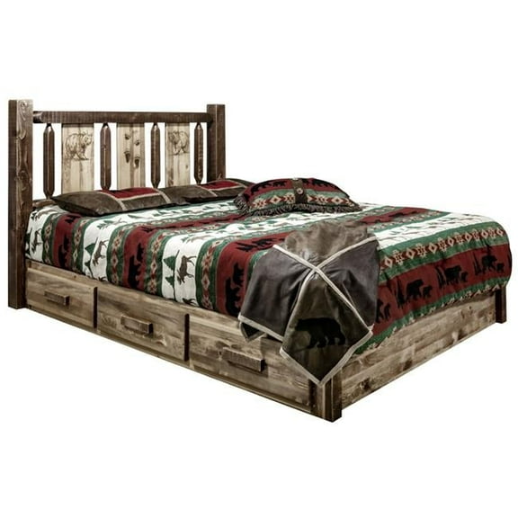 Montana Woodworks Homestead Wood Queen Platform Bed with Engraved Bear in Brown