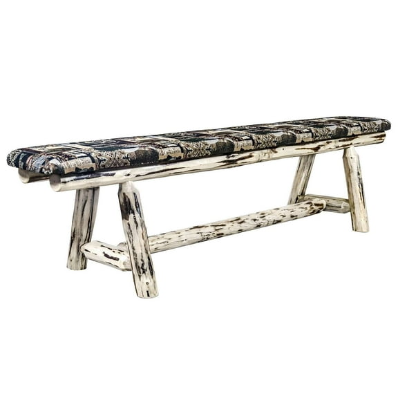 Montana Collection Plank Style Bench, Clear Lacquer Finish, 6 foot w/ Woodland Upholstery
