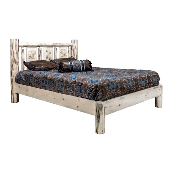 Montana Collection California King Platform Bed w/ Laser Engraved Bear Design, Ready to Finish