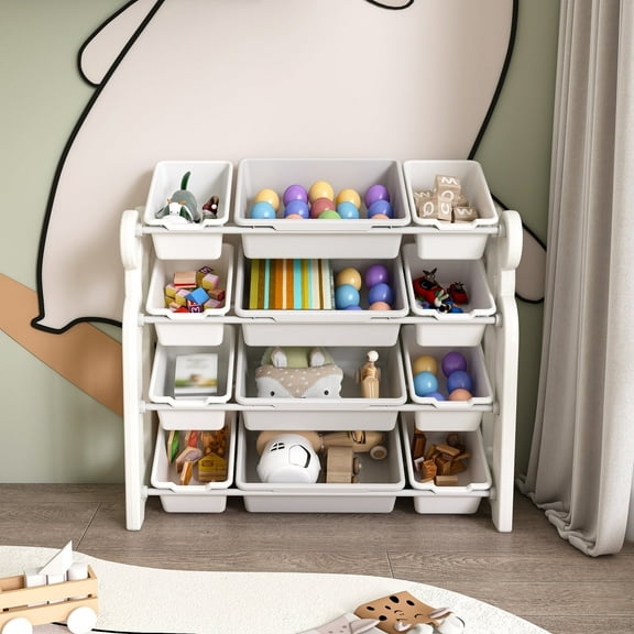 Montary 12-Bin Toy Organizer w/ Shelves - Kids Storage Unit for Playroom/Bedroom (White)