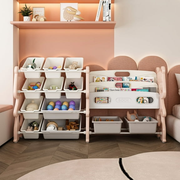 Montary 2-in-1 Kids Storage Rack w/ 12 Bins & 2-Tier Shelf - Playroom/Bedroom Organizer (Pink)
