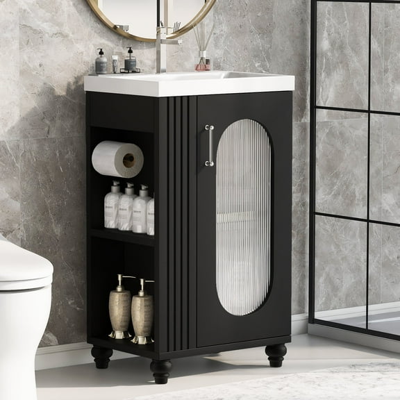 Montary 20" Black Bathroom Vanity Cabinet with Sink - Two-Tier Adjustable Shelves, Solid Wood/MDF