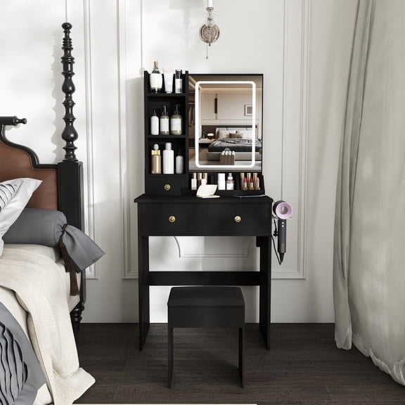Montary 23.6" Compact Vanity Desk Set with LED Adjustable Mirror, 3 Drawers and Multiple Open Storage Shelves, A Hair Dryer Holder and Power Socket,Black