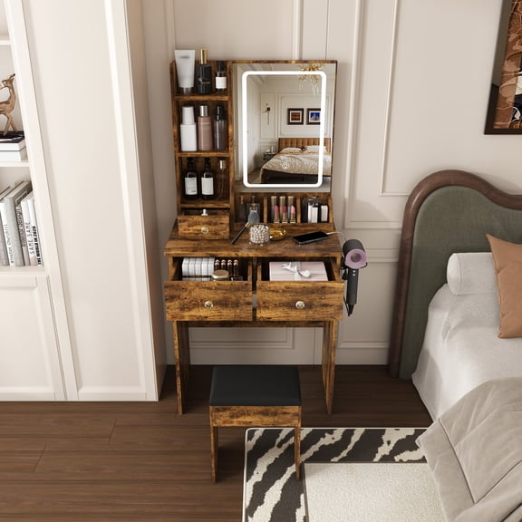 Montary 23.6" Compact Vanity Desk Set with LED Adjustable Mirror, 3 Drawers and Multiple Open Storage Shelves, A Hair Dryer Holder and Power Socket,Brown