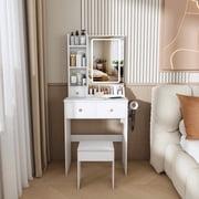 Montary 23.6" Compact Vanity Desk Set with LED Adjustable Mirror, 3 Drawers and Multiple Open Storage Shelves, A Hair Dryer Holder and Power Socket,White