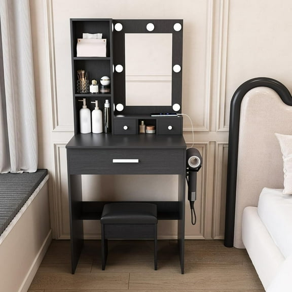 Montary 23.6" Compact Vanity Desk Set for Small Spaces - Features Mirror & Adjustable LED Lights, Built-in Power Outlet, Hairdryer Holder & Matching Stool, Black