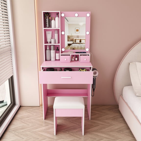 Montary 23.6" Compact Vanity Desk Set for Small Spaces - Features Mirror & Adjustable LED Lights, Built-in Power Outlet, Hairdryer Holder & Matching Stool, Pink