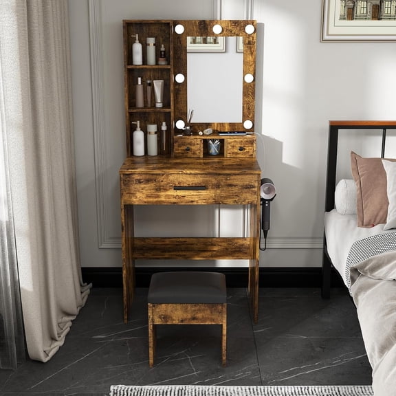 Montary 23.6" Compact Vanity Desk Set for Small Spaces - Features Mirror & Adjustable LED Lights, Built-in Power Outlet, Hairdryer Holder & Matching Stool, Rustic Brown