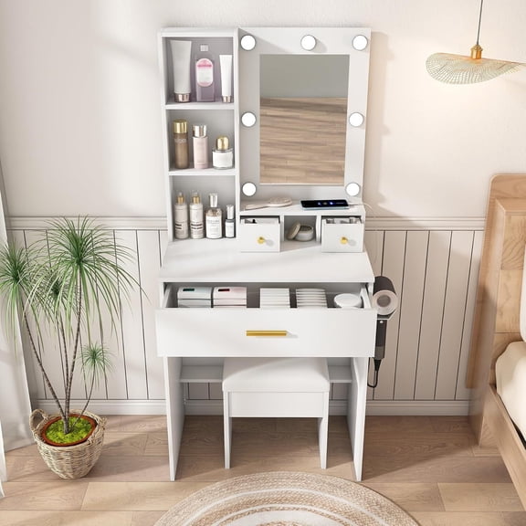 Montary 23.6" Compact Vanity Desk Set for Small Spaces - Features Mirror & Adjustable LED Lights, Built-in Power Outlet, Hairdryer Holder & Matching Stool, White