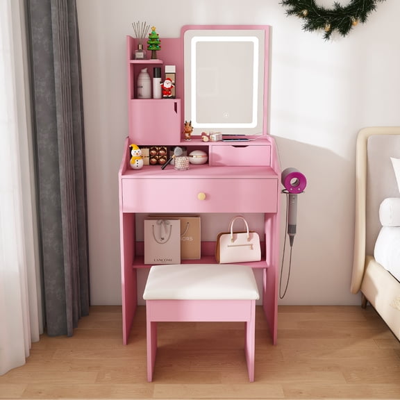 Montary 23.6" Compact Vanity Desk Set with Stool, LED Adjustable Mirror, Built-in Charging & Hairdryer Storage, Space-Saving Bedroom Furniture, Pink