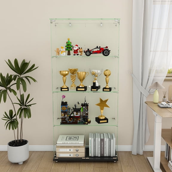 Montary 27.6" Modern 4-Tier Glass Display Cabinet with LED Lights - Tempered Glass Bookshelf for Collectibles & Decor, Illuminated Floor Standing Display Case