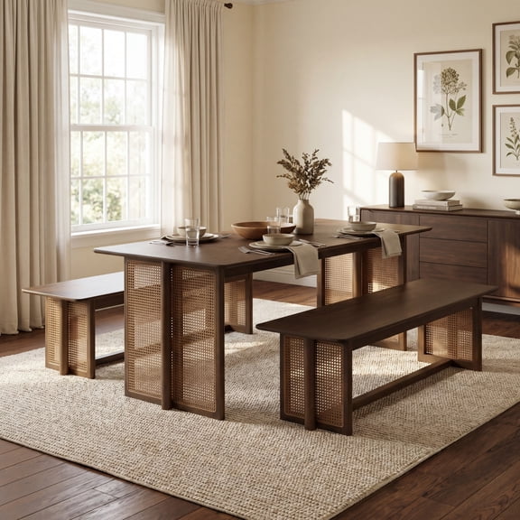 Montary 3‑Piece Mid‑Century Modern Dining Set, Walnut Finish Rubberwood Table & 2 Benches with Plastic Rattan Accents for Indoor Use