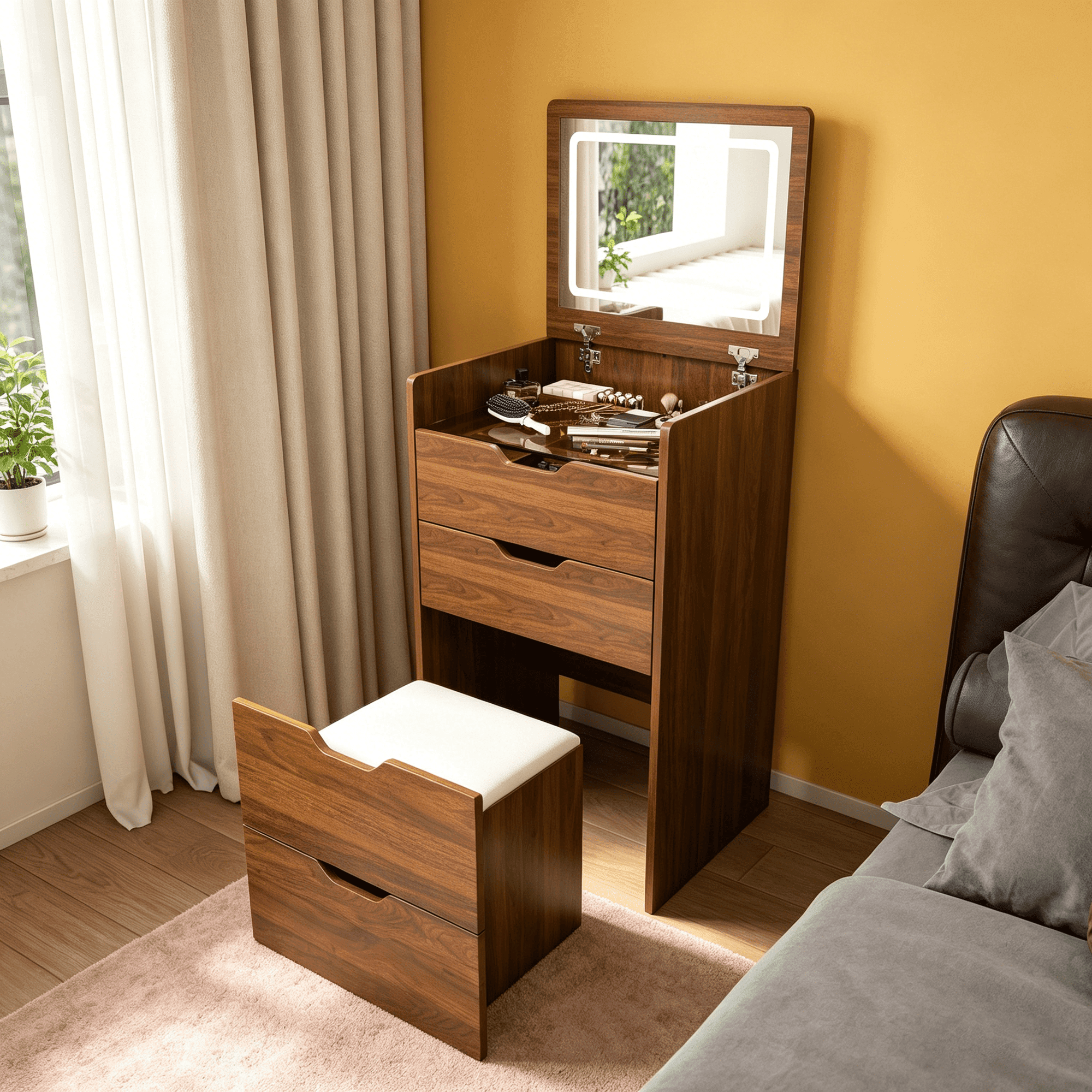 Montary 3-in-1 Vanity Desk with Flip Top Lighted Mirror & Storage Stool, Compact Makeup Dressing Table with Drawers for Bedroom, Apartment, Dorm(18.9"L, Walnut)