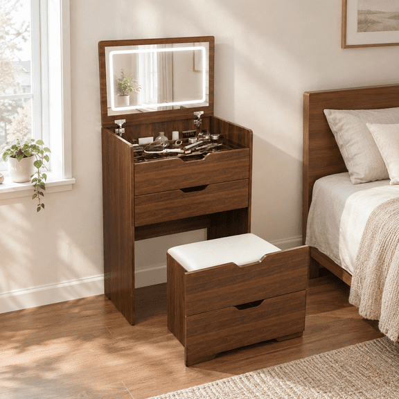 Montary 3-in-1 Vanity Desk with Flip Top Lighted Mirror & Storage Stool, Compact Makeup Dressing Table with Drawers for Bedroom, Apartment, Dorm(23.L,Walnut)