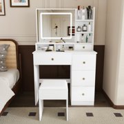 Montary 31.5" Spacious Vanity Desk Set with LED Adjustable Mirror, 5 Drawers and Multiple Open Storage Shelves,for Bedroom, Apartment,White