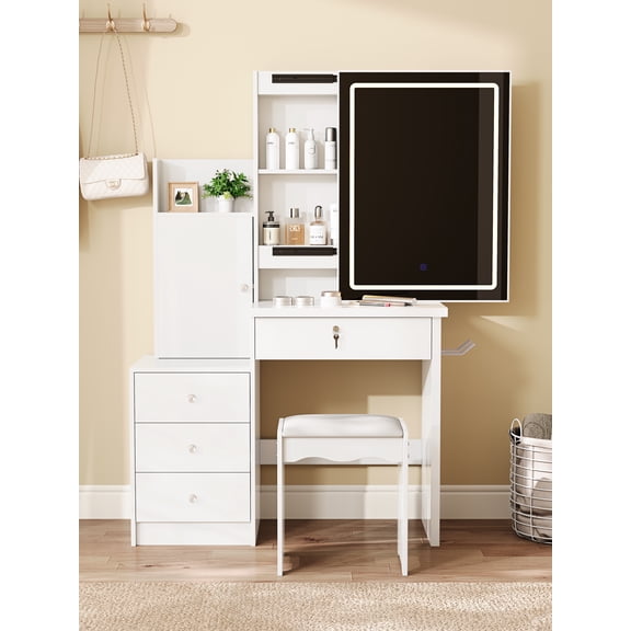 Montary 31.5" Vanity Desk Set with Lighted Mirror, 4 Drawers, Storage, Hidden Compartments, Stool, White