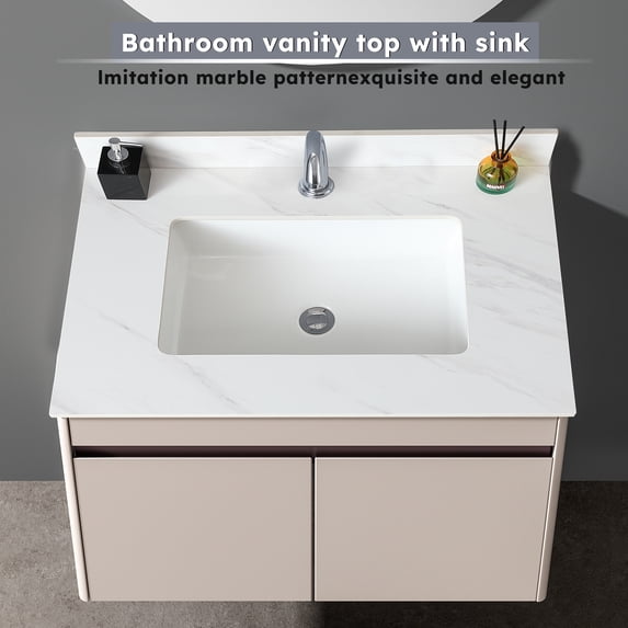 Montary 31 Inch Marble Vanity Top, White Vanity Top with Pre-drilled Faucet Holes, Bathroom Vanity Top with Undermount Rectangular Middle Sink and 4" Height Backsplash, Bianco Carrara Venato