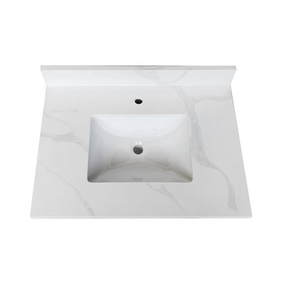 Montary 31-inch Quartz Bathroom Vanity Top with Undermounted Ceramic Sink & 4 Inch High Backsplash, 3/4" Thick Quartz Stone Vanity Sink Tops with 1 Pre-Drilled Hole, Calacatta White