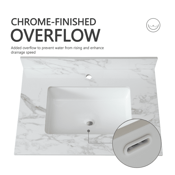Montary 31"x22"Bathroom Vanity Top,sintered stone carra white Barthroom Vanity Sink Tops with Rectangular Undermount Ceramic Sink with Vanity Backsplash, Single Faucet Hole Bathroom Vanity
