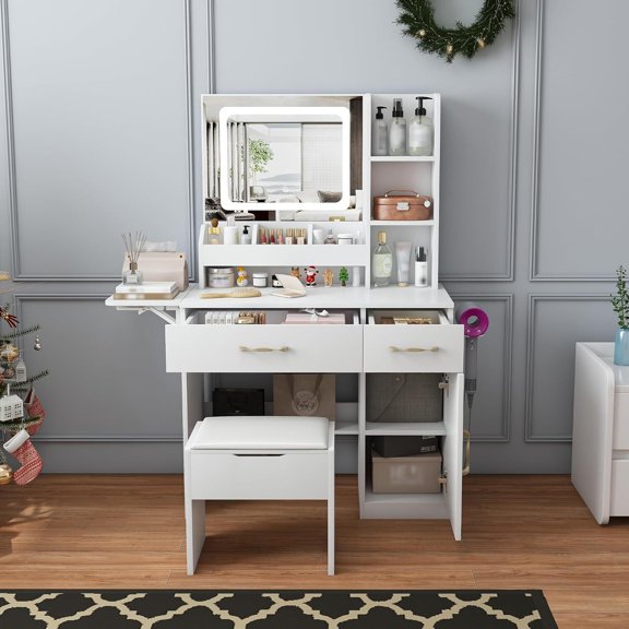 Montary 33.5" Spacious Vanity Desk Set with Storage Stool, LED Adjustable Mirror, Built-in Power Outlet, Hairdryer Holder & Foldable Board, White