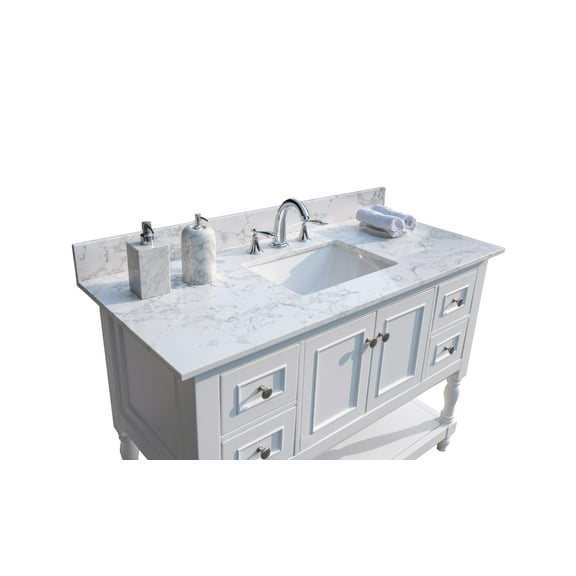 Montary 37" Bathroom Vanity Top Cararra White Engineered Marble Stone 3 Faucet Hole Vanity Top With Undermount Ceramic Sink And Backsplash
